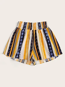 Aztec Print Wide Leg Shirred Shorts - Multicolor - View 3