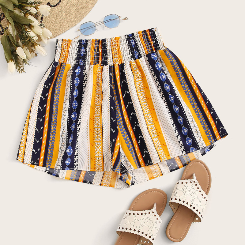 

Aztec Print Wide Leg Shirred Shorts, Multicolor