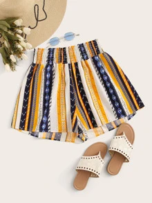 Aztec Print Wide Leg Shirred Shorts - Multicolor - View 1