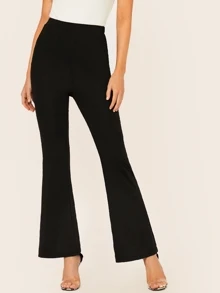 SHEIN Elastic Waist Flare Leg Solid Trousers - Black - View 2
