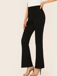 SHEIN Elastic Waist Flare Leg Solid Trousers - Black - View 4
