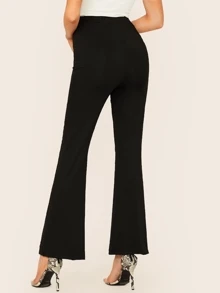 SHEIN Elastic Waist Flare Leg Solid Trousers - Black - View 3