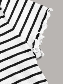 SHEIN 條紋小褶邊羅紋針織上衣 - 白色 - 查看 4