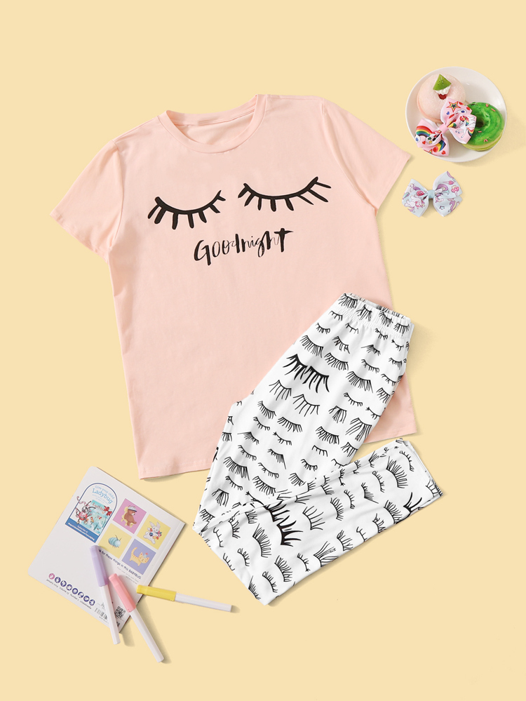 Girls Eyelash and Letter Graphic Tee and Pants PJ Set