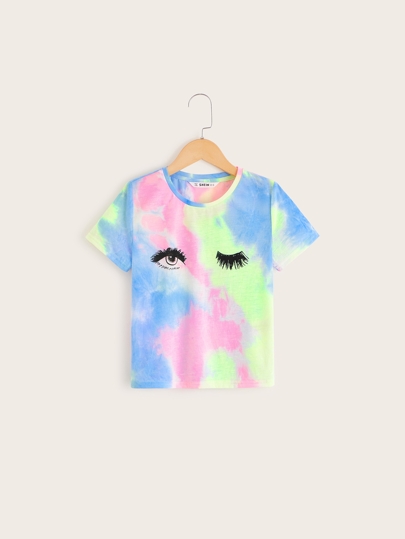 SHEIN Girls Eyelash and Eye Print Tie Dye Tee