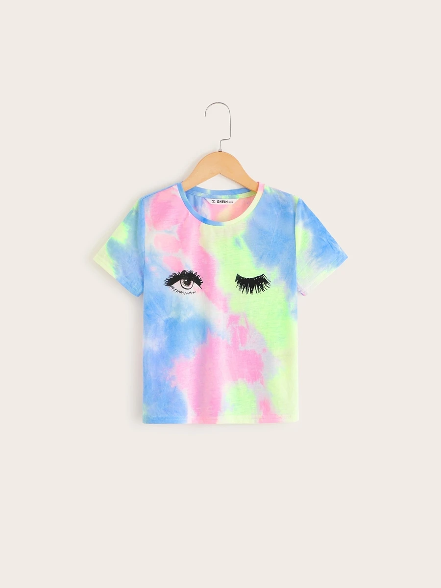 SHEIN تي شيرت بصبغة بطباعة عين و رمش للبنات