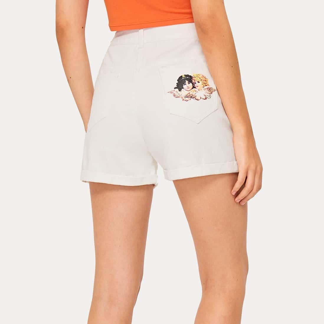 

Angel Print Denim Shorts, White