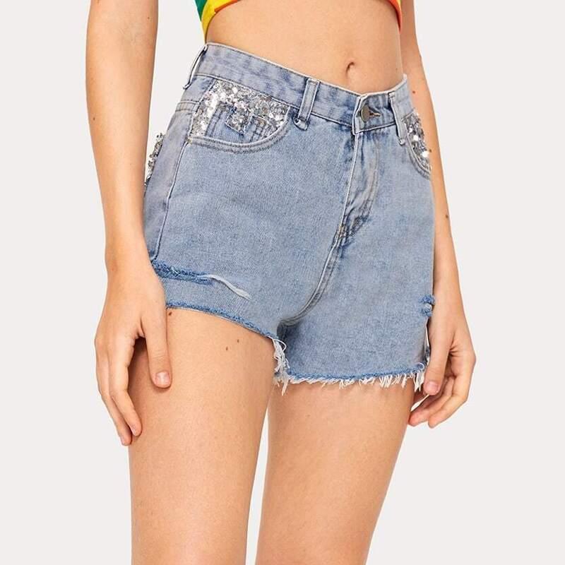 

Contrast Sequin Ripped Denim Shorts, Blue