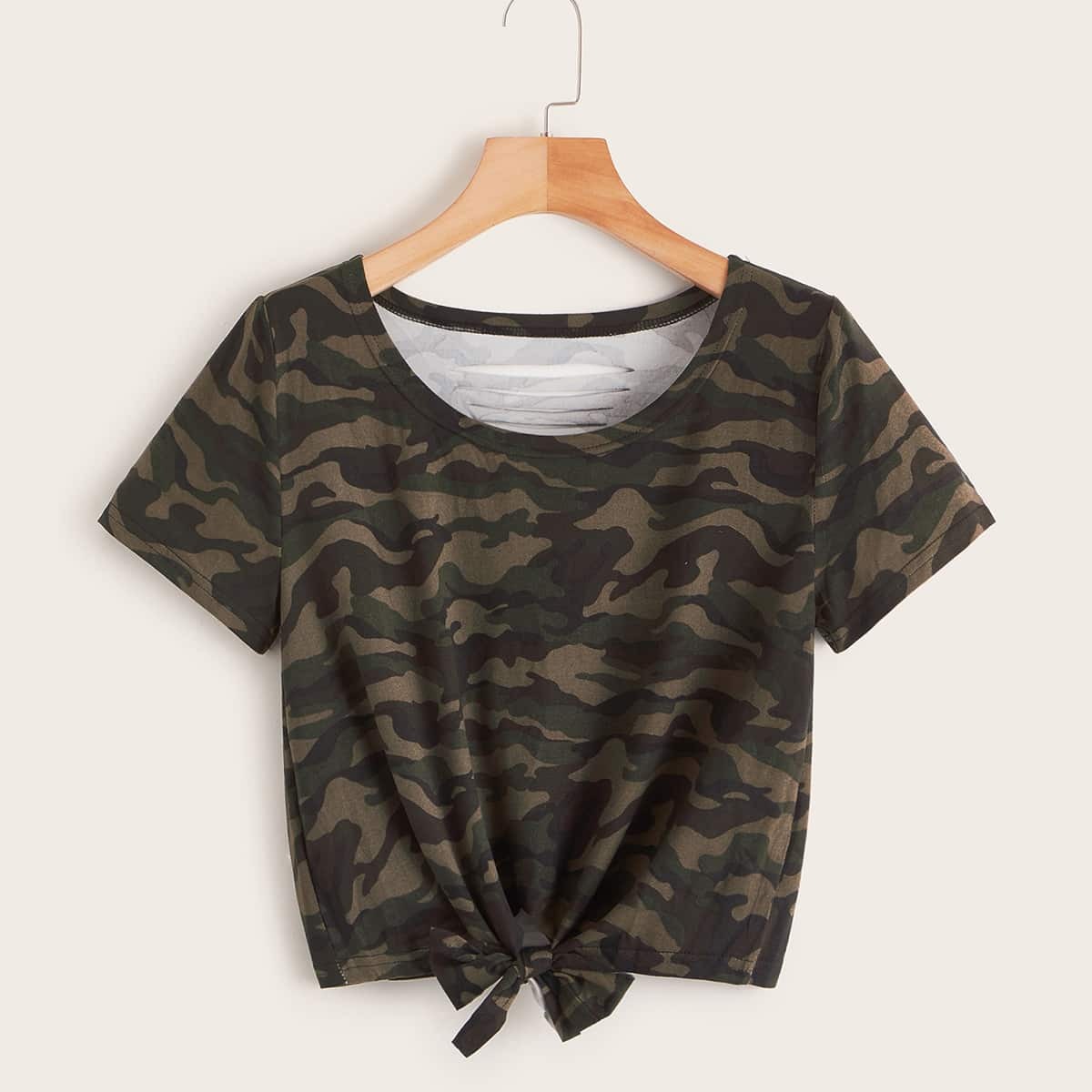 

Camo Print Ripped Knot Front Tee, Multicolor