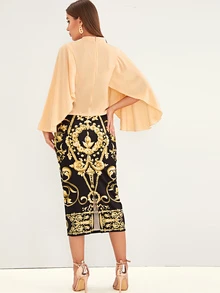 SHEIN 素色斗篷袖上衣和巴洛克圖案包臀半身裙套裝 - 彩色 - 查看 2