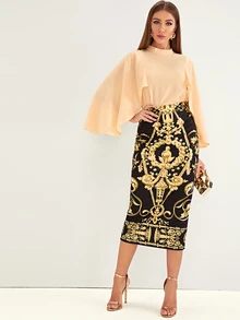 SHEIN 素色斗篷袖上衣和巴洛克圖案包臀半身裙套裝 - 彩色 - 查看 3