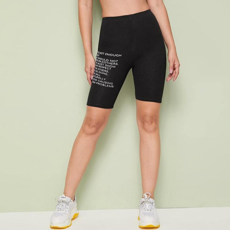 

Slogan Print Skinny Cycling Shorts, Black