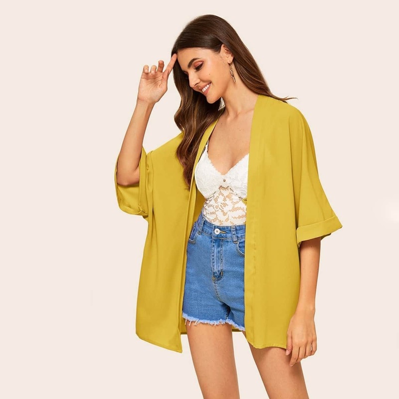 

Roll Up Batwing Sleeve Solid Kimono, Yellow