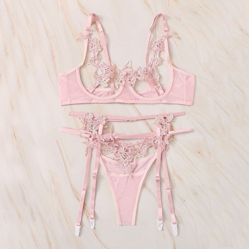 

Floral Lace Underwire Garter Lingerie Set, Pink