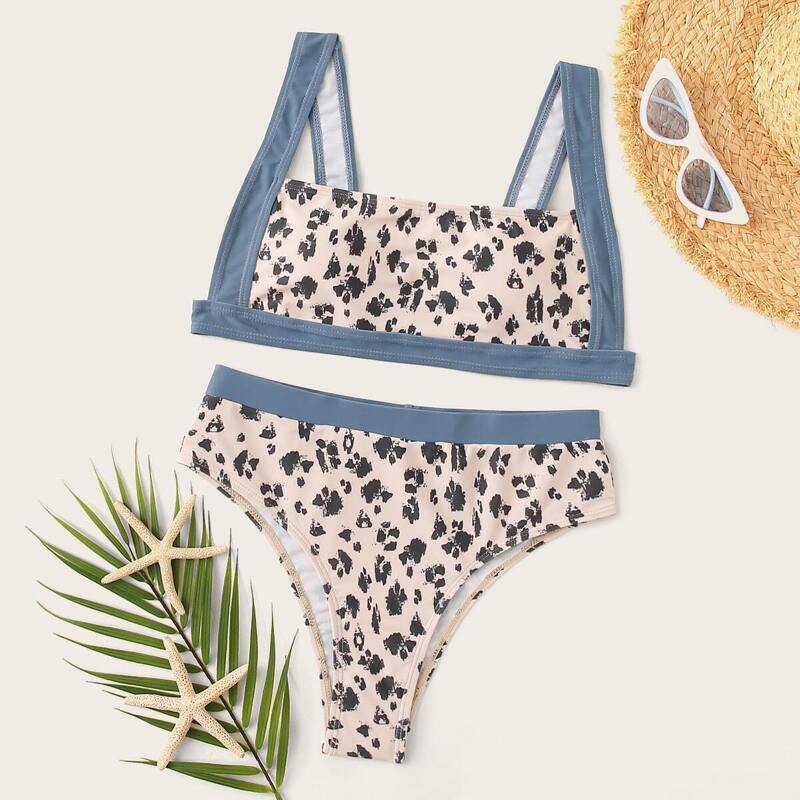 

Contrast Trim Leopard Top With High Waist Bikini Set, Multicolor