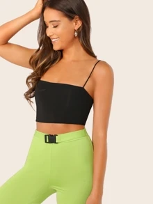 SHEIN Essnce Solid Stretch-Knit Cropped Cami Top - Black - View 1