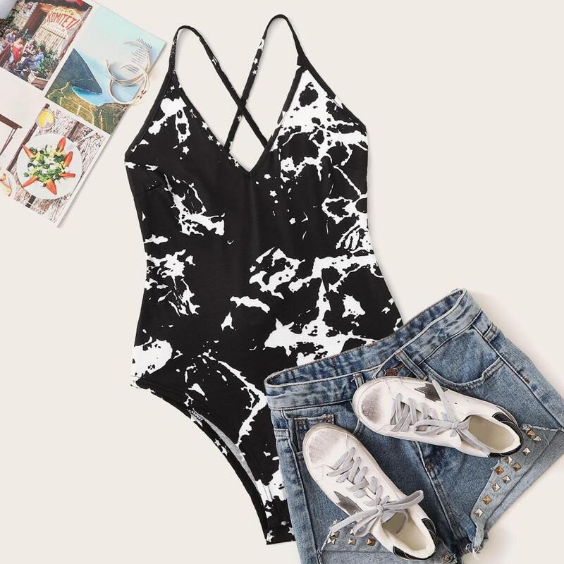 

Random Print Lace Up Back Cami Bodysuit, Black and white