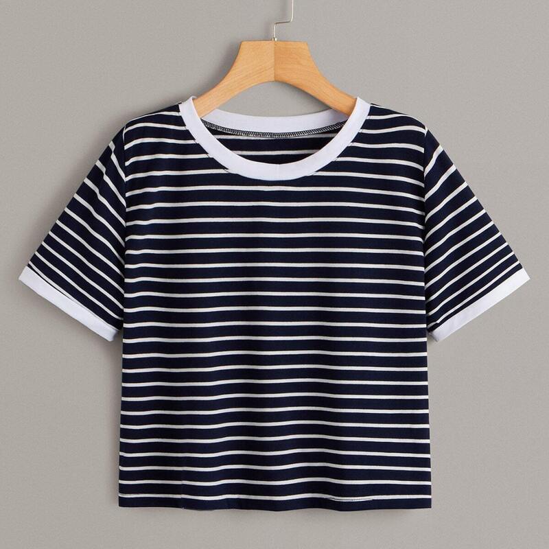 

Striped Print Contrast Binding Tee, Navy
