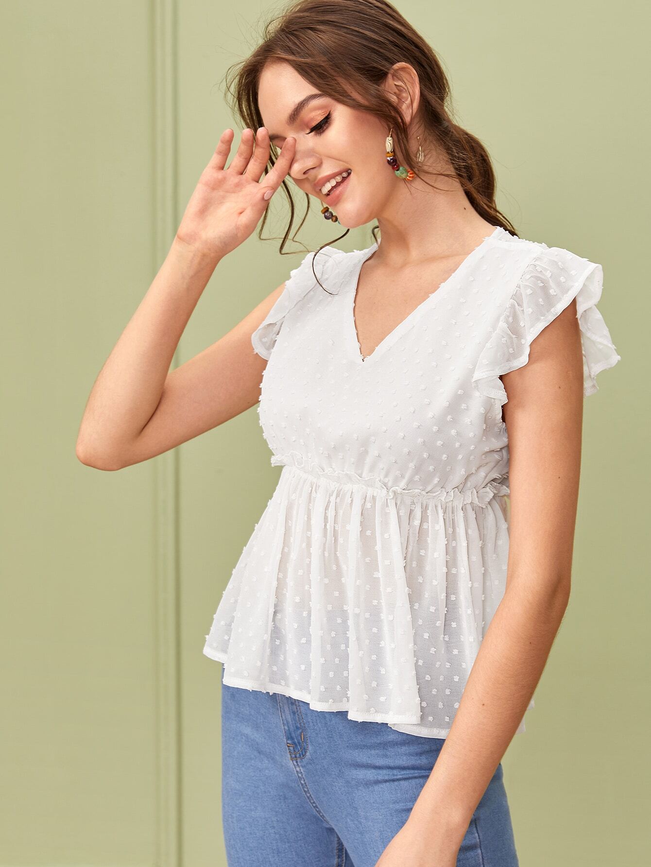 Vneck Swiss Dot Ruffle Hem Blouse SHEIN USA