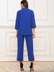 SHEIN Essnce Solid Notched Neck Blazer & Belted Trousers - Royal Blue - View 2
