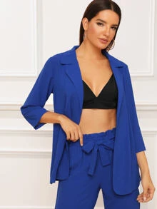 SHEIN Essnce Solid Notched Neck Blazer & Belted Trousers - Royal Blue - View 3