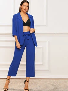 SHEIN Essnce Solid Notched Neck Blazer & Belted Trousers - Royal Blue - View 1