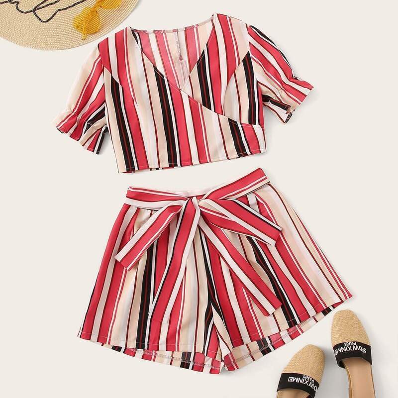 

Surplice Muti-stripe Top With Tie Front Shorts, Multicolor