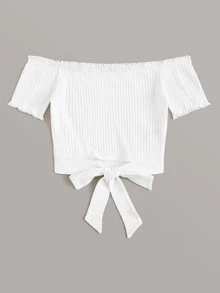 SHEIN Qutie 露肩繫帶下擺羅紋針織上衣 - 白色 - 查看 3