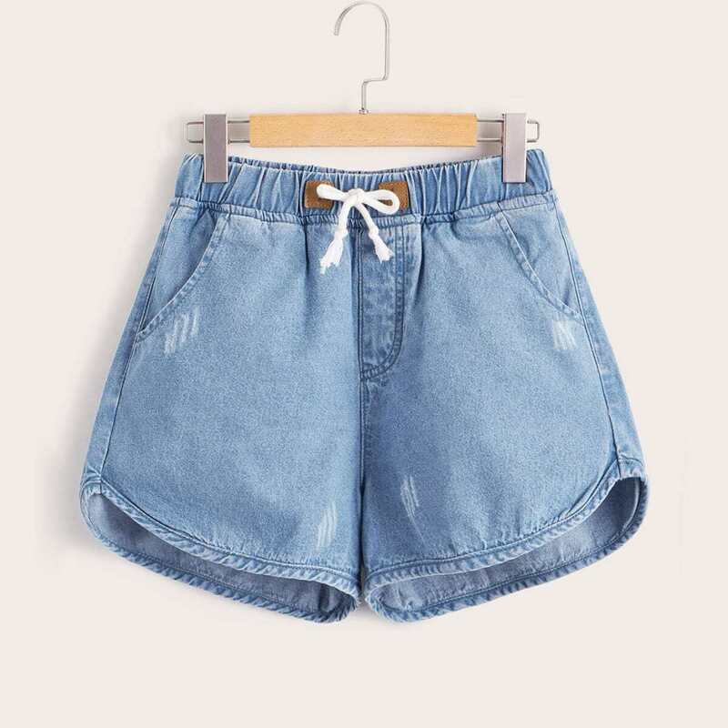 

Drawstring Waist Denim Shorts, Blue