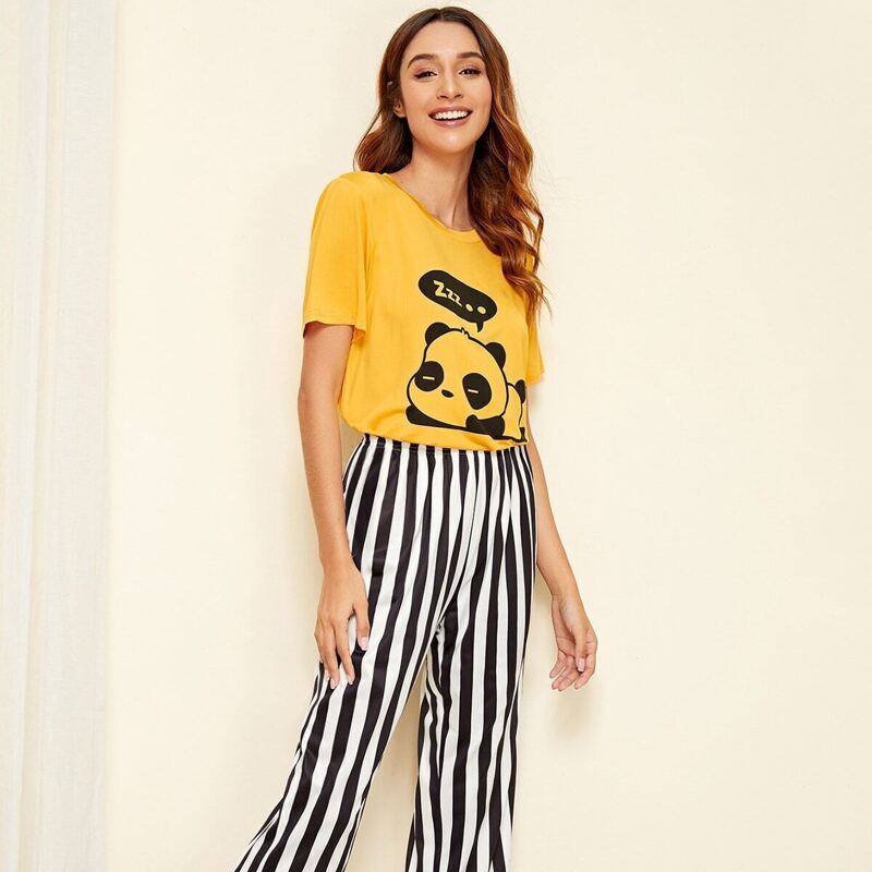 

Panda Print Top With Striped Pants PJ Set, Multicolor
