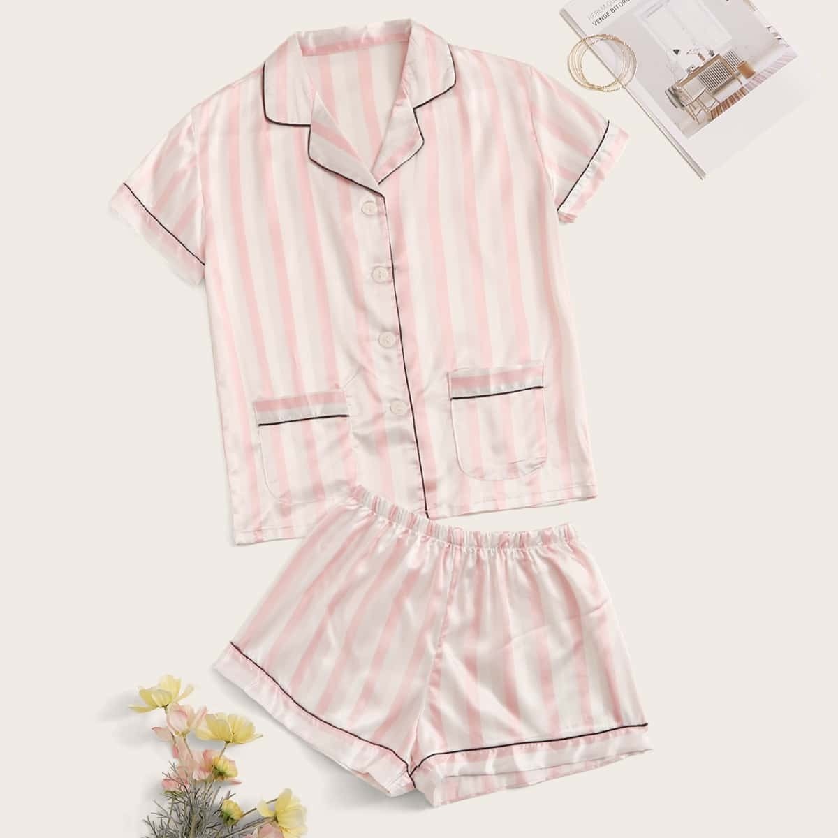 

Contrast Binding Satin Striped PJ Set, Multicolor