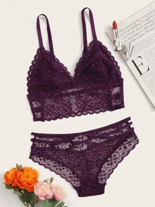 Floral Lace Cut-out Lingerie Set - Purple - View 1