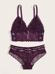 Floral Lace Cut-out Lingerie Set - Purple - View 2
