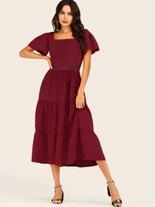 Vestido bajo fruncido de manga mariposa de croché en contraste - Burdeos - Ver 5