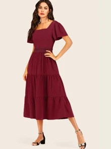 Vestido bajo fruncido de manga mariposa de croché en contraste - Burdeos - Ver 3