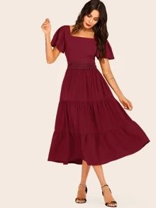 Vestido bajo fruncido de manga mariposa de croché en contraste - Burdeos - Ver 1