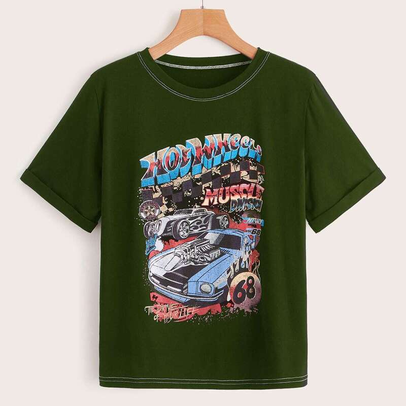 

Letter & Car Print Tee, Army green