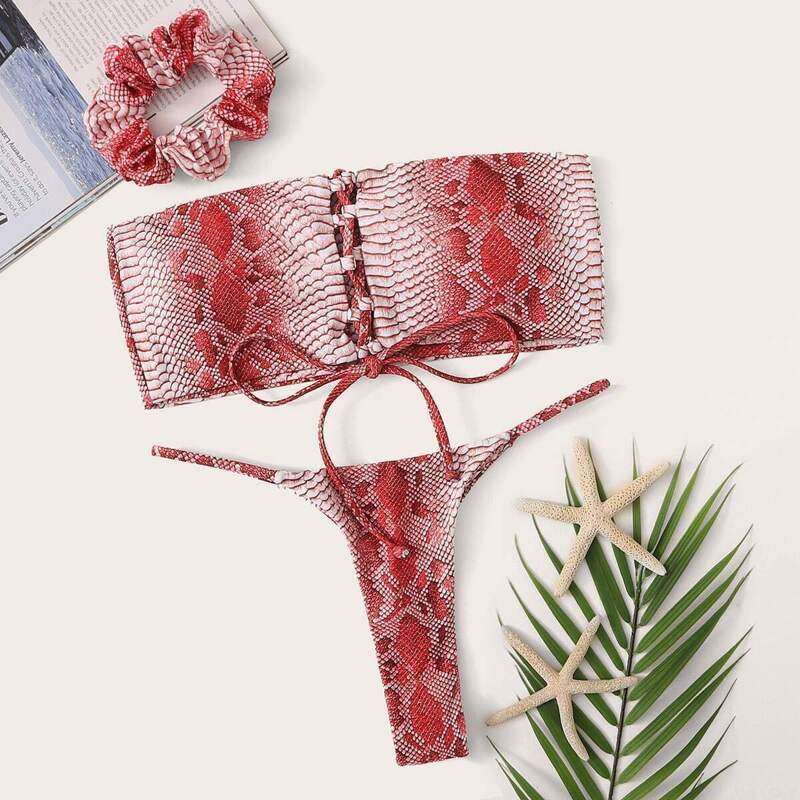 

Snakeskin Lace Up Bandeau Bikini Set & Hair Ring, Multicolor