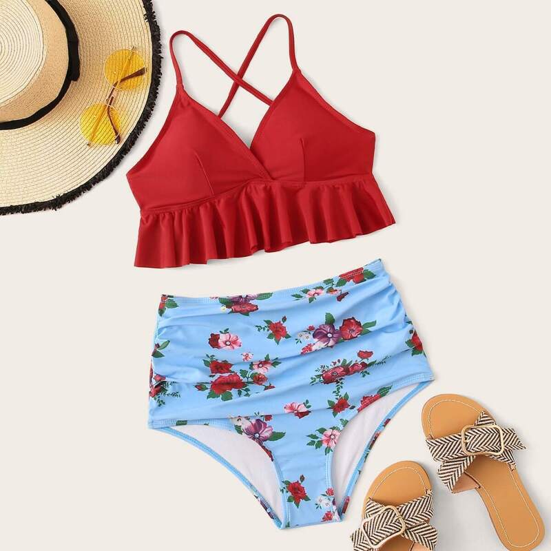 

Ruffle Hem Criss Cross Top With Floral Bikini Set, Multicolor