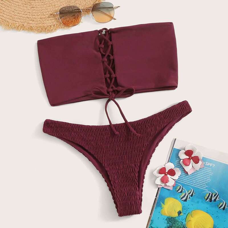 

Lace Up Bandeau With Smocked Bikini Set, Burgundy