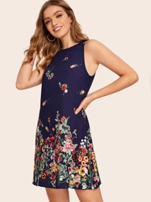 SHEIN LUNE 印花後鎖孔垂褶連衣裙