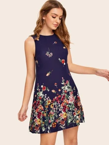 SHEIN LUNE 印花後鎖孔垂褶連衣裙