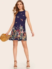 SHEIN LUNE 印花後鎖孔垂褶連衣裙