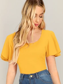 SHEIN Privé Top con textura de manga con volante - Mostaza Amarilla - Ver 1