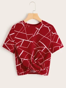 SHEIN Essnce Top girante delantero con estampado geométrico - Burdeos - Ver 1