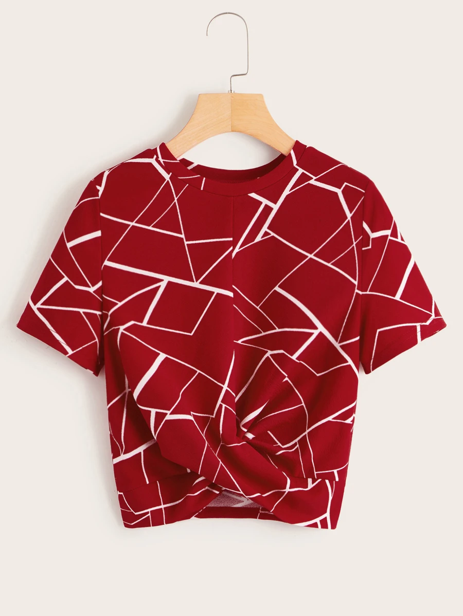 SHEIN Essnce Top girante delantero con estampado geométrico - Burdeos - Ver 1