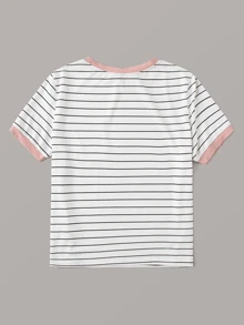 SHEIN EZwear Floral Pocket Patched Striped Ringer Tee