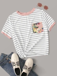 SHEIN EZwear Floral Pocket Patched Striped Ringer Tee