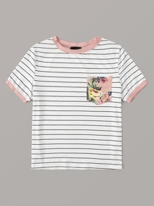SHEIN EZwear Floral Pocket Patched Striped Ringer Tee