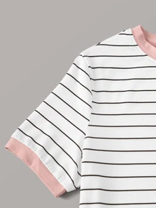 SHEIN EZwear Floral Pocket Patched Striped Ringer Tee